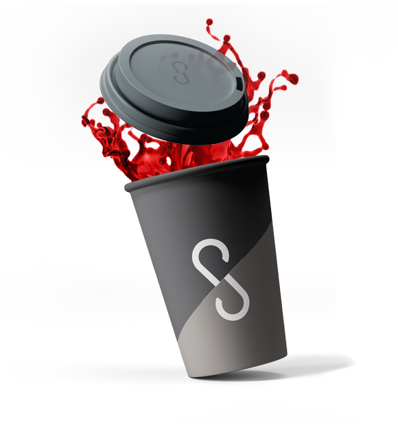 A cup with a lid, featuring the Saihasoft logo, spills red liquid, creating a dynamic splash effect.