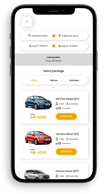 Customizable car rental booking app created by the best mobile
				application development companies in Kochi, Kerala, featuring dynamic package selection.