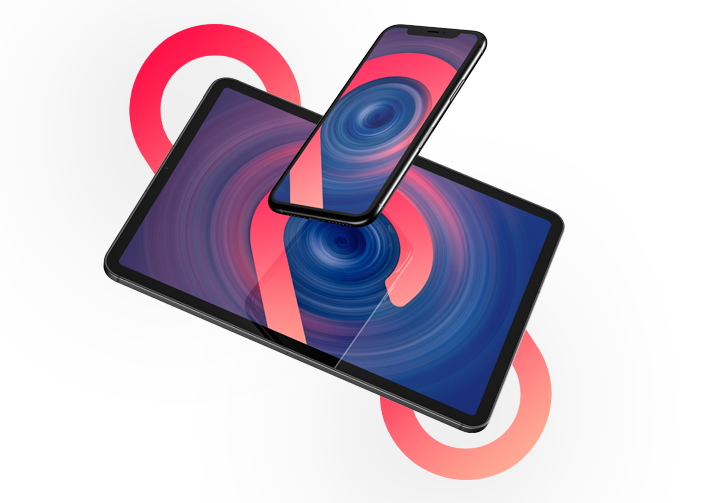Two smartphones featuring red and pink designs, prominently displaying the Saihasoft company logo.