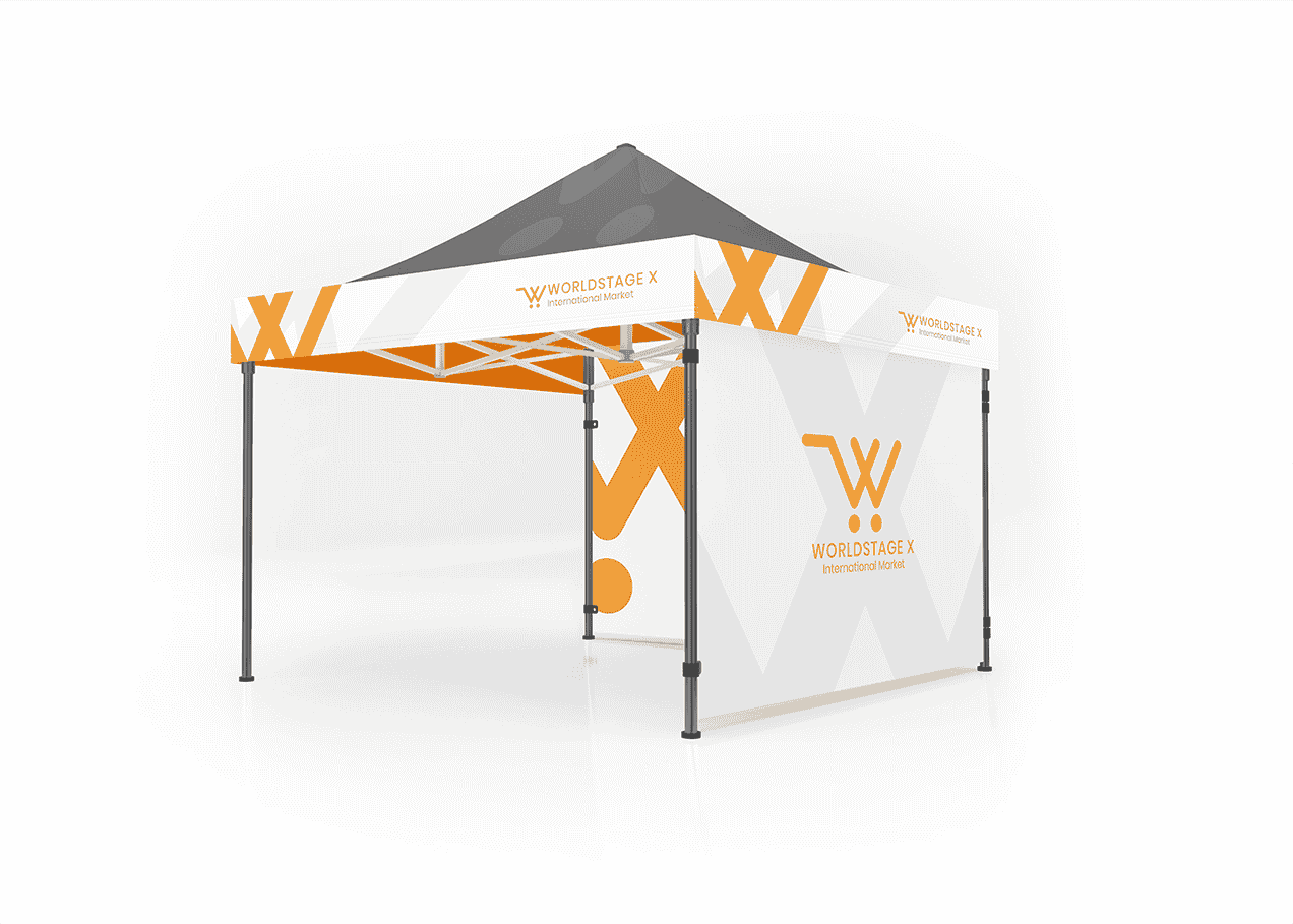  A tent featuring the letter 'W', representing the branding of WORLDSTAGE X company.