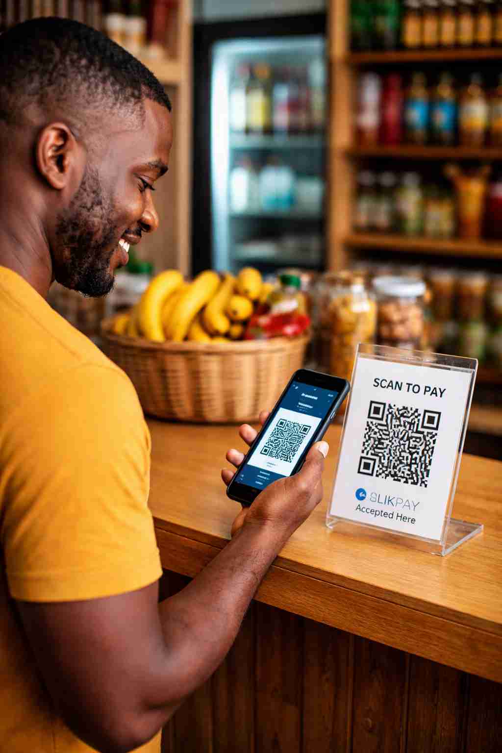 Customer paying with QR code at merchant