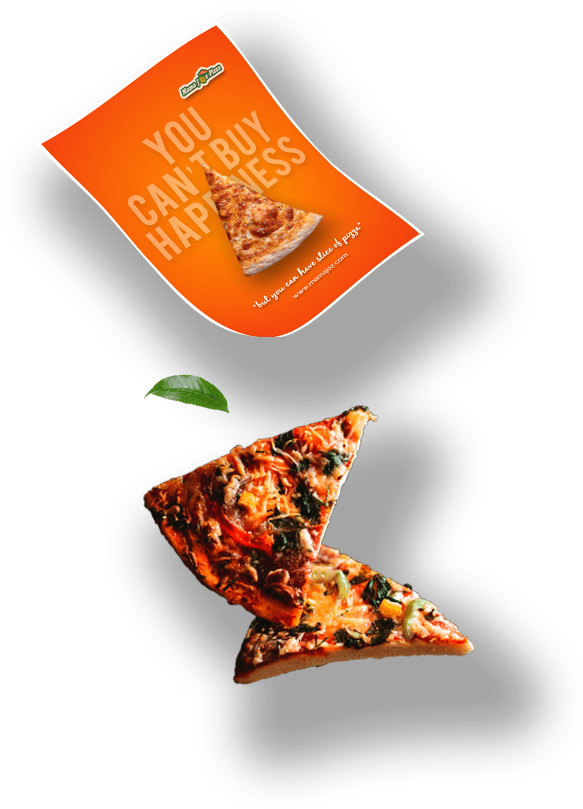 A pizza with a slice removed, accompanied by a promotional flyer placed beside it on a wooden table.