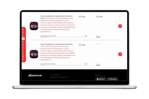 Laptop showing cybersecurity course modules on the Xperience platform