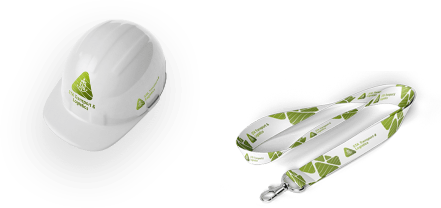 A green and white designed hat and lanyard displayed together, showcasing their vibrant colors and unique patterns