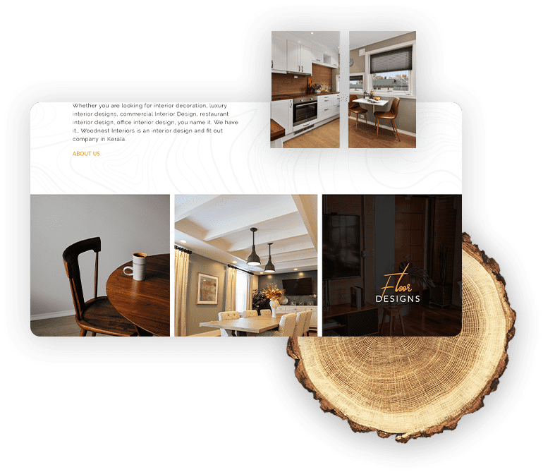 A website design featuring a wood slice, showcasing a natural aesthetic with a simple tree branch element.