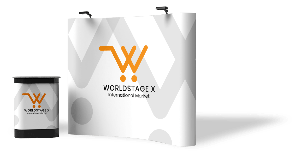 A vibrant trade show display showcasing global trade themes and innovations at the World stage X.