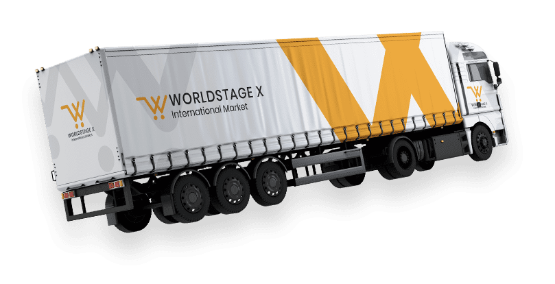 A white and yellow semi truck displaying the logo of Worldstage-X prominently on its side.