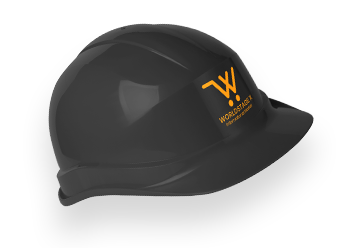 A hard hat featuring the logo of WW prominently displayed on its front.
