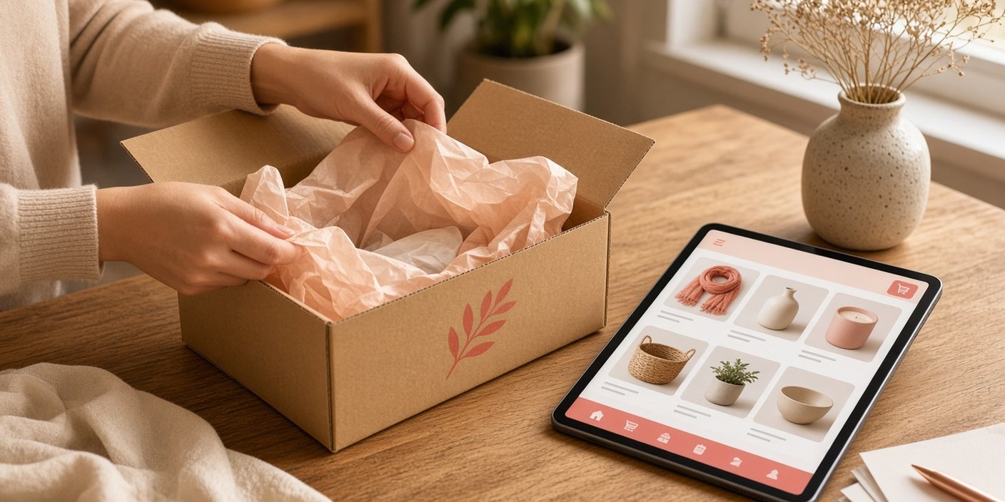 Custom ecommerce packaging and online storefront on a tablet